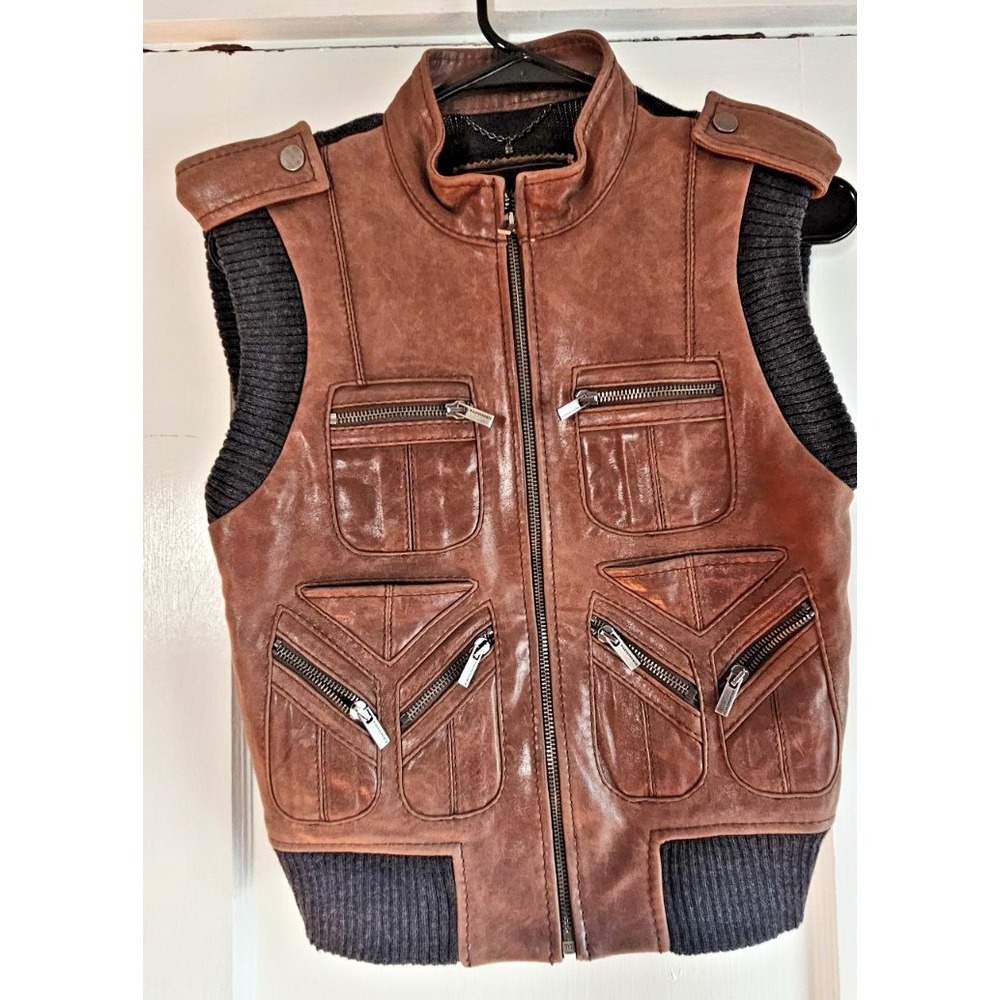 CBGMAXAZRIA leather front knit wool blend  back vest women's XS‎ brown